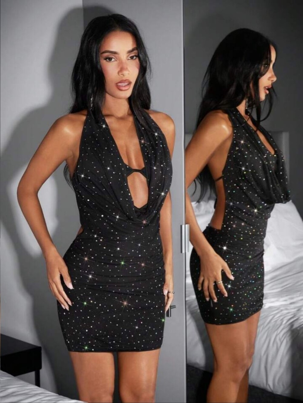 NWT Cowl Neck Open Back Rhinestone Dress
